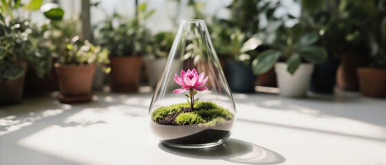 delicate pink flower blooming inside a clear glass terrarium on a bright white surface | botany, decoration, spring, wellness, hobby theme