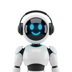 3d illustration of friendly robot with headphones isolated on transparent background cute and modern robot character with a smiley face on the screen, listening to music