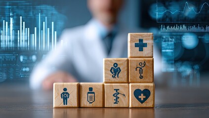 Wooden blocks with medical icons stacked in a staircase, in front of a blurred doctor, and overlaid with health data graphics
