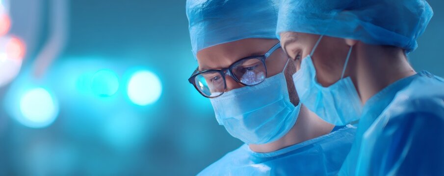 Two medical workers performing surgery with blurred lights. Doctor and surgeon working in operating room. Modern medicine and advanced technology concept. - Powered by Adobe