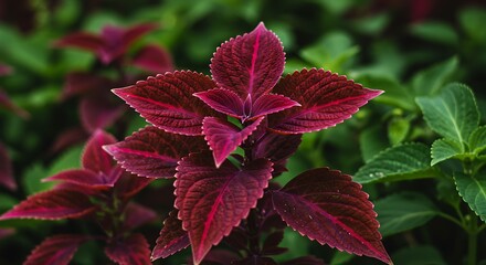 Close up of vibrant maroon coleus plant in garden with green foliage
