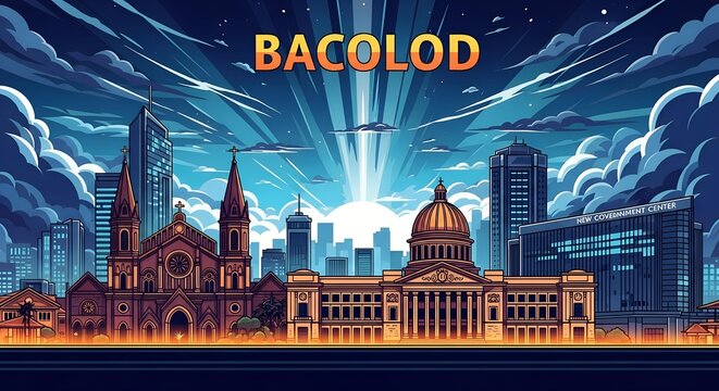Bacolod City Skyline A Vibrant Illustration of Architecture, Culture, and Urban Landscape at Dusk