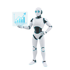 3d illustration of confident robot presenting a growth chart isolated on transparent background, showcasing data analysis and business success in a sleek design