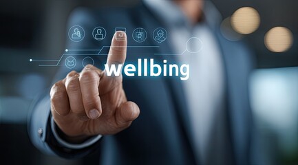 A person in a suit touches a holographic interface displaying the word "wellbeing