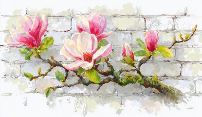 Delicate magnolia blossoms bloom against a weathered white brick wall, showcasing soft pastel colors and a tranquil spring scene.