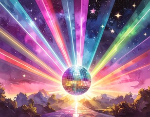 Colorful disco ball in a vibrant space landscape