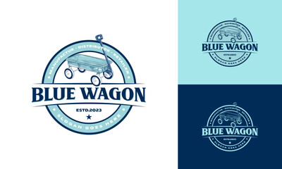 Blue Wagon Children fun Toy logo template, Vintage children's Wagon Toy vector illustration logo