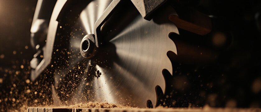 circular saw blade cuts through wood, close-up detail of industrial power tool | construction, carpentry, industry, workshop, tools theme