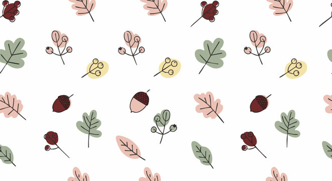 A charming, hand-drawn seamless pattern featuring autumnal elements like leaves, acorns, and berries in a soft, pastel color palette on a white background