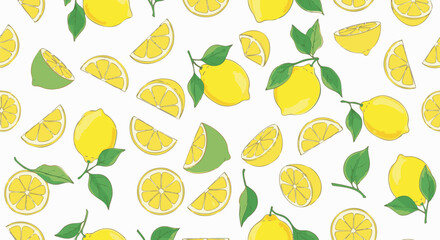 A cheerful, hand-drawn pattern featuring whole lemons, lemon slices, and lime slices with vibrant green leaves scattered on a clean white background
