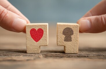 Two small wooden blocks, one with a red heart, the other with a keyhole silhouette, held together by hands