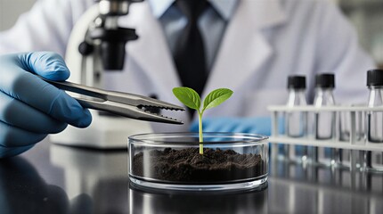scientist carefully adjusting a young plant sprout in a petri dish within a modern laboratory setting | science, biology, research, health, innovation theme