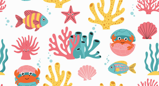 A cute sea life seamless pattern with cartoon marine animals. This whimsical underwater illustration features a friendly fish, crab, and starfish
