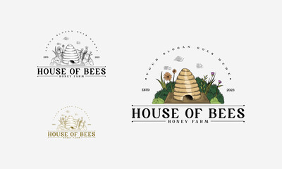 Vintage honey farm hand drawn logo template, Natural honey badge. Bees farm label, vintage honey product hand drawn badges and bee emblem.