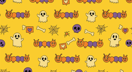 Fototapeta premium A playful seamless pattern with cute cartoon Halloween characters like ghosts, caterpillars, skulls, spiders, and bones on a bright yellow background