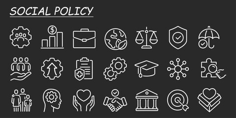 Set of Social Policy and Insurance line icons. Outline icon collection related to education, insurance, law, goverment and more.
