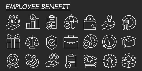 Employee Reward icon set. Contains outline symbols like employee benefit, benefit, bonus, gift, reward and more. Benefits vector line icon set. Web icons pack. Editable vector illustration.