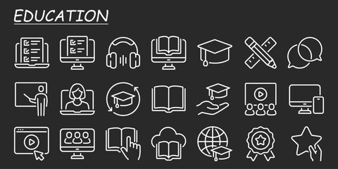 Education, seminar, online learning, webinar outline icons set isolated on white background flat vector illustration. 