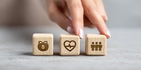 Hand placing wooden blocks with financial, health, and social icons