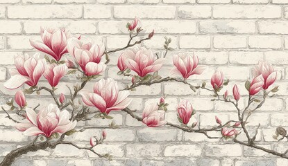 Delicate magnolia blossoms artfully arranged against a backdrop of aged cream bricks, evoking a serene and elegant mood.