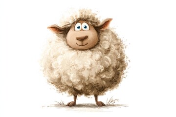 Cute Cartoon Sheep with Fluffy White Wool and Big Blue Eyes Standing on Grass