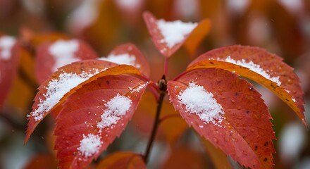 Close up of vibrant red leaves dusted with fresh snow on a blurred background
