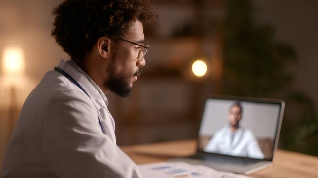 Male doctor having video conference with patient. Telemedicine and online medical consultation. Digital healthcare technology.