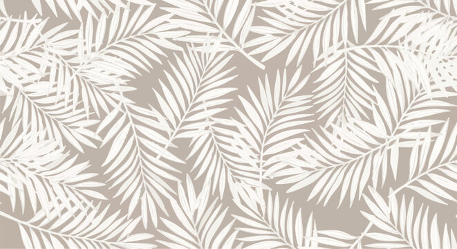 A seamless pattern of stylized palm leaves in a muted, monochromatic palette
