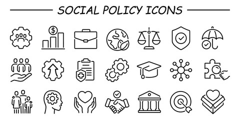 Set of Social Policy and Insurance line icons. Outline icon collection related to education, insurance, law, goverment and more.