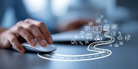 Hand operating a computer mouse over a projected roadmap
