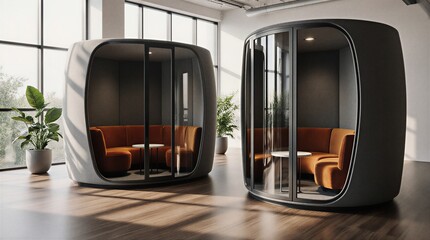 modern office pods offer cozy and private seating for collaborative work and relaxation zones | workplace, office, meeting, relaxation, collaboration theme