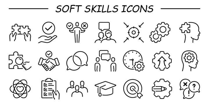 Soft Skills icon set containing team leadership, cultural, stress relief, flexibility, humility, prioritization, assertiveness, goal setting, communication, simple vector line icons.