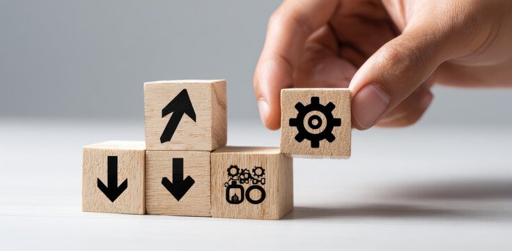 Wooden blocks with upward and downward arrows, and a gear,  representing progress, optimization, and adjustments. A hand places a block with a gear icon on top of a stack of blocks with arrows