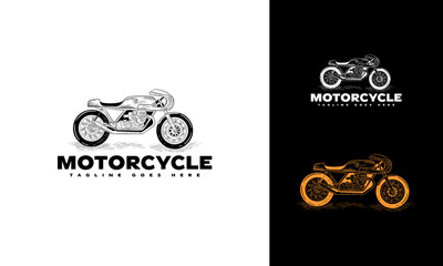 Vector vintage motorcycles logo. Biker store icon. Vintage illustration of hand drawn classic caferacer in ink style for custom garage poster or banner.