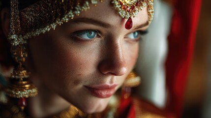 Close-up Portrait of a Caucasian Woman Adorned in Indian Jewelry