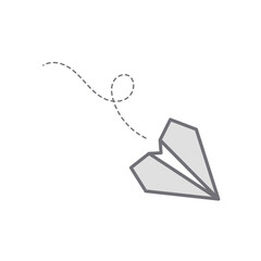 Minimalist flat design vector illustration of a grey paper airplane with dotted flight path, symbolizing swift message delivery, travel, or childhood dreams of flight
