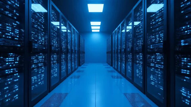 Cinematic Server Room with Blinking Lights and Blue Tones