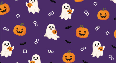 Adorable seamless Halloween pattern features smiling cartoon ghosts holding pumpkins, interspersed with scary jack-o'-lanterns and bats on a vibrant blue background