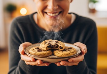 Woman Enjoying Delicious Warm Cookies.