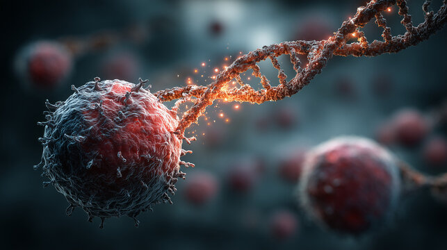 Chemotherapy drugs interfering with the DNA replication of a cancer cell in a microscopic visualization.