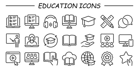 Education, seminar, online learning, webinar outline icons set isolated on white background flat vector illustration. 