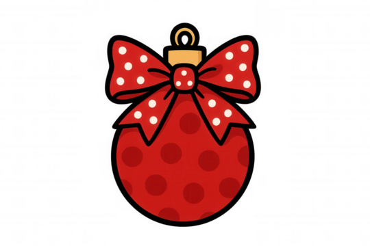 Christmas ornament displaying a red polka dot bow and bauble, festive holiday season decoration on transparent background