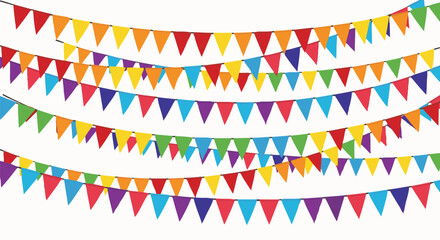 Obraz premium Colorful triangular party flags strung together on lines against a white background. This festive decoration conveys celebration, joy, and good times