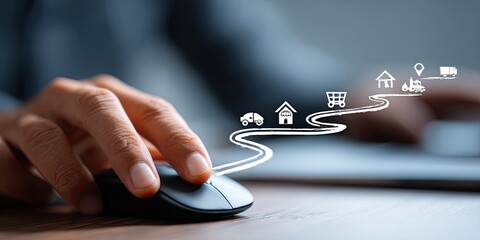A hand navigates a digital path, using a wireless mouse, on a wooden desk.  A series of interconnected icons trace a route on a transparent overlay