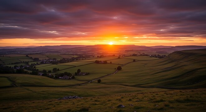 Dramatic sunset over rolling hills with vibrant colors and expansive sky