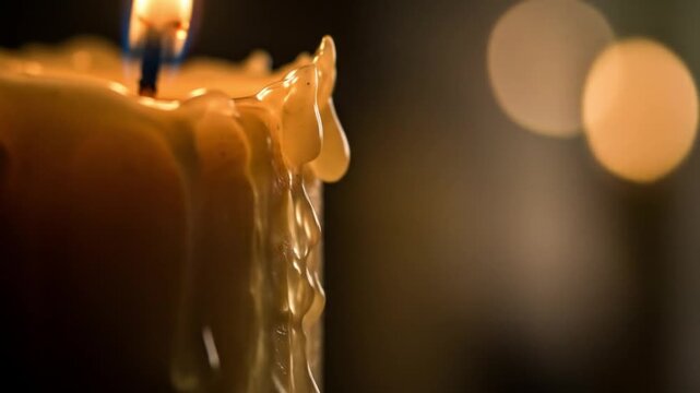 A closeup of a lit candle with wax dripping down the side set against a blurred dark background with bokeh lights