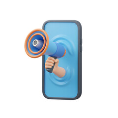 3d illustration of hand holding megaphone coming out of smartphone isolated on transparent background to announce promotion, sale, discount, or special offer