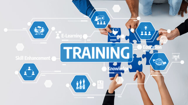 Engaging scene depicting diverse professionals collaborating in training, using puzzle pieces symbolizing skill enhancement, e-learning, and knowledge development in a modern setting. Amity - Powered by Adobe