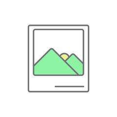 Fototapeta premium Linear Image Gallery Icon Featuring Minimalist Green Mountains and Sun Illustration