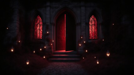gothic stone manor with fiery red light emanating from arched window doorway | horror, fantasy, architecture, mystery, gothic theme